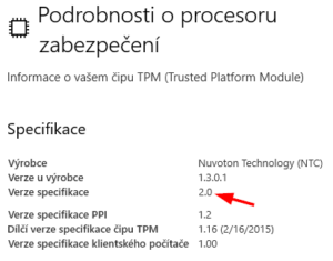 verze TPM čipu v nastavení